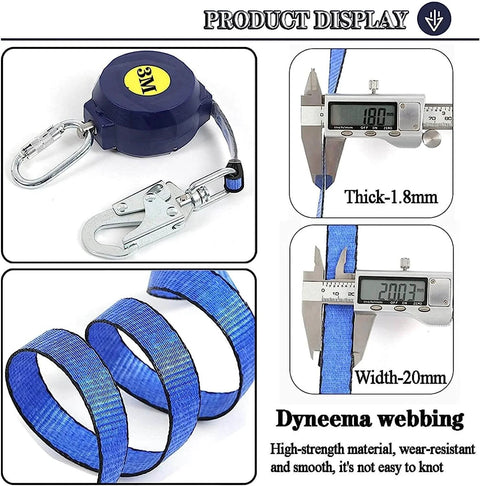 Pro Grade Heavy Duty Self Retracting Lifeline For Fall Protection Industrial Safety Rope With Quick Lock Disc Brake Portable Lanyard For Roof Work And Elevator Repair 500 Kg Load Capacity 3 Meter Cord On Site Safety Gear, Dyneema webbing, 1.8mm thick, 20mm wide