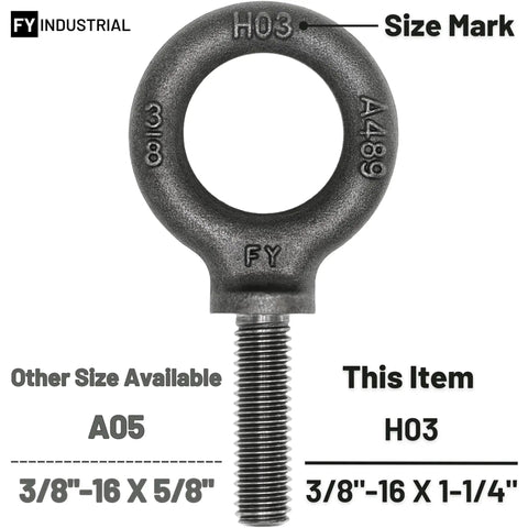 Box Of Ten Heavy Duty Lifting Shoulder Eye Bolts 3/8-16 By 1-1/4 Inch, industrial grade, forged carbon steel 1035, size H03.