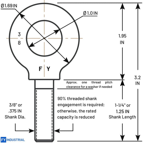 Technical diagram of Box Of Ten Heavy Duty Lifting Shoulder Eye Bolts 3/8-16 By 1-1/4 Inch Industrial Grade Forged Carbon Steel 1035