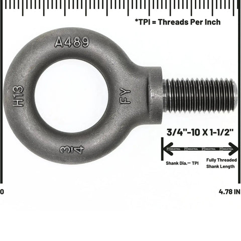 Heavy Duty Lifting Eyebolts Set Of Four Workhorse 3/4-10 Thread 1-1/2 Inch Long Industrial Grade Forged Carbon Steel