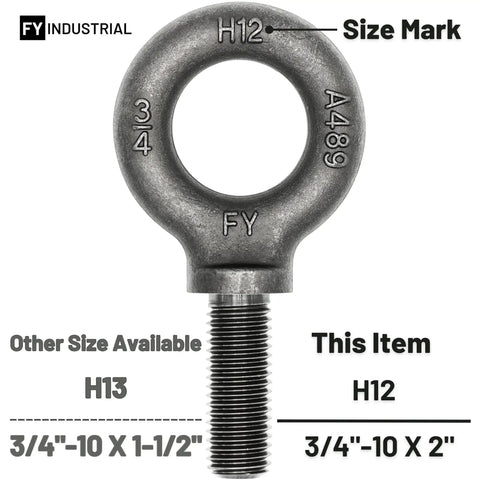 Heavy Duty Lifting Eyebolt Three Quarter Inch By Ten Thread Two Inch Shank Forged Carbon Steel 1035 with size mark H12