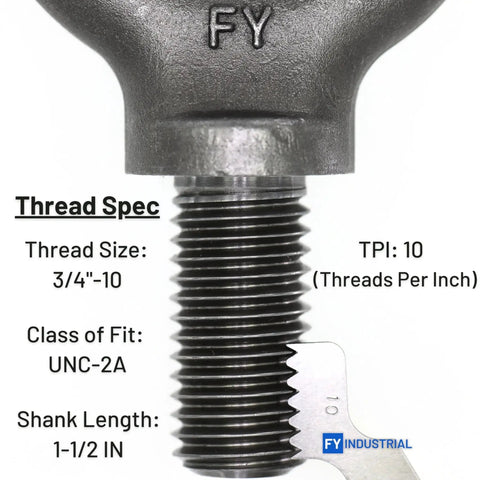 Close-up view of Heavy Duty Lifting Eyebolts Set Of Four Workhorse 3/4-10 Thread 1-1/2 Inch Long Industrial Grade Forged Carbon Steel ASME B18.15