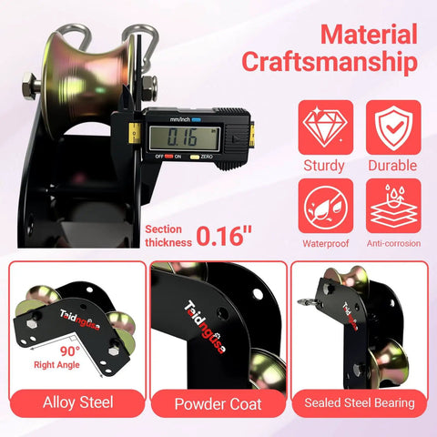 90 Degree Right Angle Lifting Pulley System For Material Handling And Construction, Heavy Duty Alloy Steel With Dual Hooks And Steel Bearing Roller, Abrasion Resistant Rope Guide To Protect Loads And Edges, Rope Not Included with close-up view of material craftsmanship indicators and thickness gauge