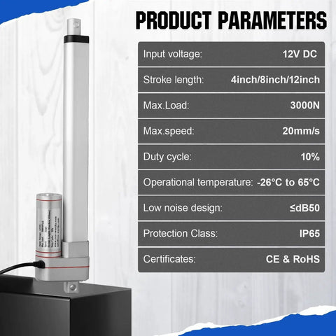 Heavy Duty 12 Inch Linear Actuator 3000N 12V IP65 aluminum housing with specifications, shown on display in a vertical position
