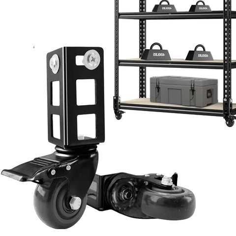 8 Piece Heavy Duty Locking Caster Wheels Set For Storage Racks 3 Inch Wheels With Brakes Fits Boltless Self Locking Shelving Racks 500 Pound Capacity Black Smooth Swivel Action Ball Bearing Wheels For Easy Maneuverability And Durable Warehouse Use showing close-up of wheel and shelving