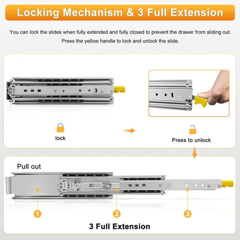 Diagram of heavy duty drawer slides with lock full extension ball bearing rails, showing locking mechanism and full extension details.