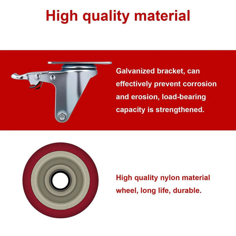 Close-up of galvanized bracket and nylon wheel from 6 piece 4 inch heavy duty locking swivel casters with brakes, set designed for carts and workbenches with 3300 lb load capacity.