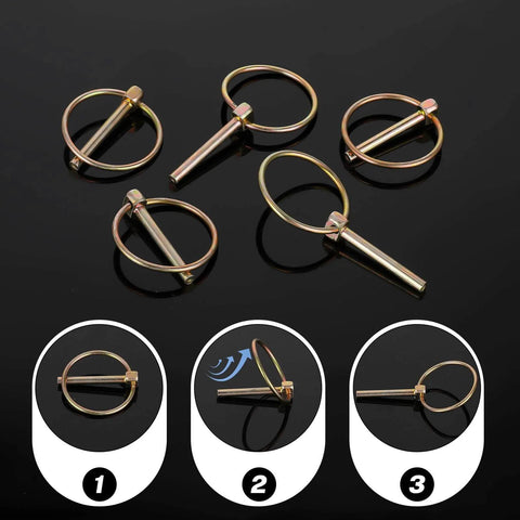 Beefy Lynch Pin Assortment Kit, 10 Heavy Duty Shaft Locking Pins With Ring; shown flat with ring handle on black background.