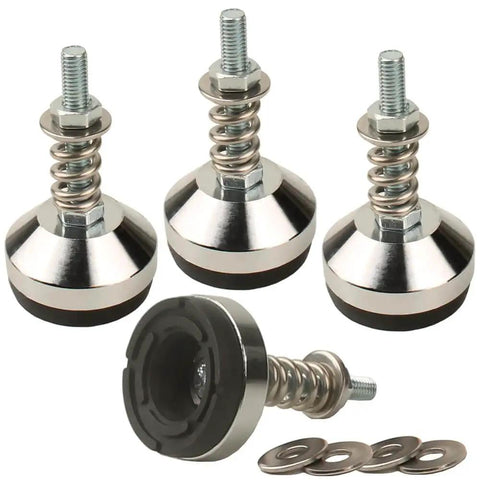 Heavy duty vibration isolator mounts with adjustable M8 leveling feet provide stable, noise reducing support for air conditioners, 1.97 inch base, 1300 lb capacity per leg, four pack.