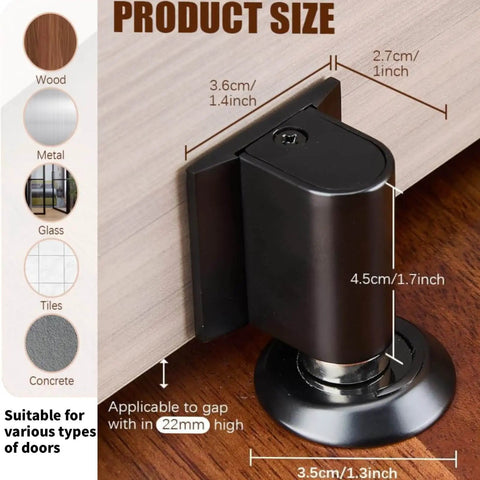 Heavy Duty Magnetic Door Wedge Stopper Kit With Double Magnet Design shown mounted on wooden floor, size dimensions included
