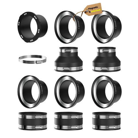 Joinerjetly magnetic dust collection fittings kit showing 4-inch and 2.5-inch couplers, mag port connector and clamps.