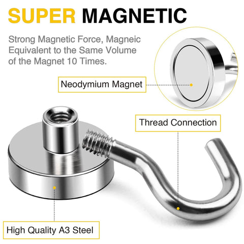 Magnetic Hooks, 50lbs Heavy Duty N52 Rare Earth Magnets with Hook, showing neodymium magnet and A3 steel, ideal for cruise cabin ship essentials.