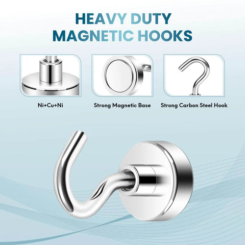 Heavy duty magnetic hook with Ni+Cu+Ni base and carbon steel, ideal for holding items securely in place.