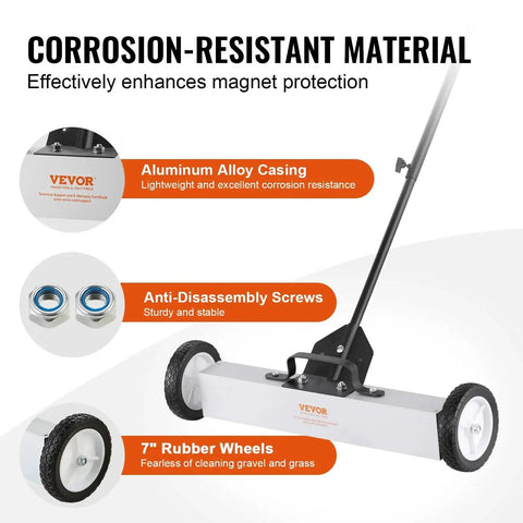 Effortless, heavy duty rolling magnetic sweeper with a 24 inch wide magnet, alloy casing, and rubber wheels on display with handle.