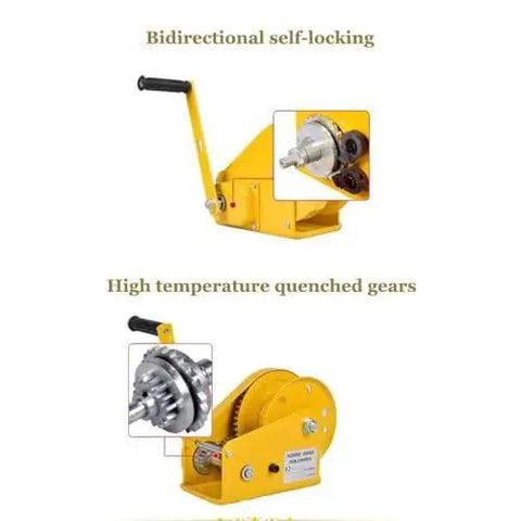 Yellow manual hand winch with side crank and steel wire rope; bidirectional self-locking mechanism and rugged gear housing