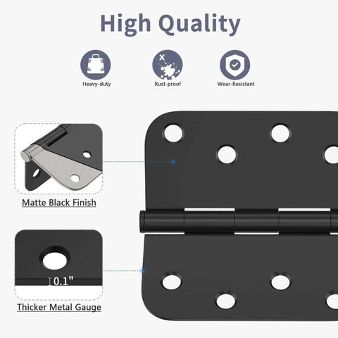 Image showing details of a 12 Pack 4 Inch Matte Black Exterior Door Hinges With Five Eighths Radius And Square Corners, emphasizing heavy-duty and anti-rust features.