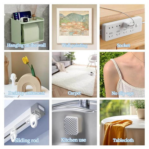 Collage of heavy duty double sided tape uses: wall painting, socket, carpet, no slip-ups, tabletop, kitchen use.
