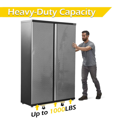 Person moving a metallic storage cabinet labeled 'Heavy-Duty Capacity Up to 1000LBS' on wheels.