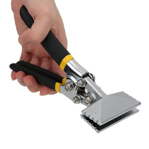 Hand holding Curved Metal Sheet Seaming Pliers Heavy Duty Manual Bender with non-slip grip, showcasing straight design.