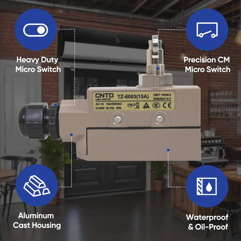 Side view of ✝️ Heavy Duty Micro Switch – Cross Roller Plunger Type Limit Switch for Industrial Machines with aluminum housing.