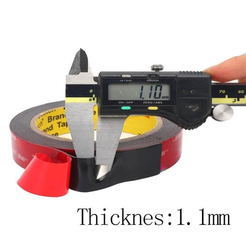 Double Sided Heavy Duty Mounting Tape For Indoor Outdoor Use, Super Strong Bond Foam Tape, black roll with caliper measuring thickness