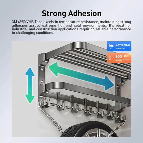 3M 4950 Heavy Duty Double Sided Foam Mounting Tape White Waterproof Adhesive demonstrating strong adhesion on metal shelf in garage setup.