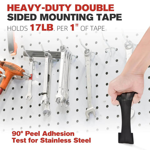 Heavy Duty Double Sided Mounting Tape 0.39 Inch VHB 5925 holding tools on a pegboard, showcasing industrial strength bond.