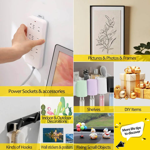 Collage featuring various home and office items including power sockets, decorative frames, shelves, gifts, and wall hooks.