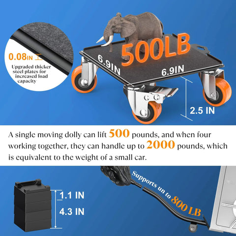 2000 lb heavy duty furniture movers with wheels, showing reinforced steel plate and elephant model to illustrate weight capacity.