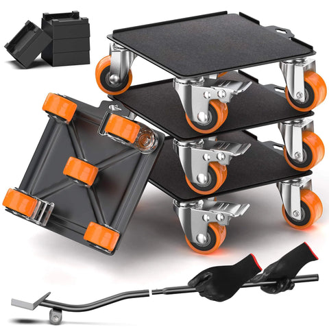 2000 lb heavy duty furniture movers with wheels and moving dolly set, stack of roller carts, lifter jack tools, floor safe rubber wheels