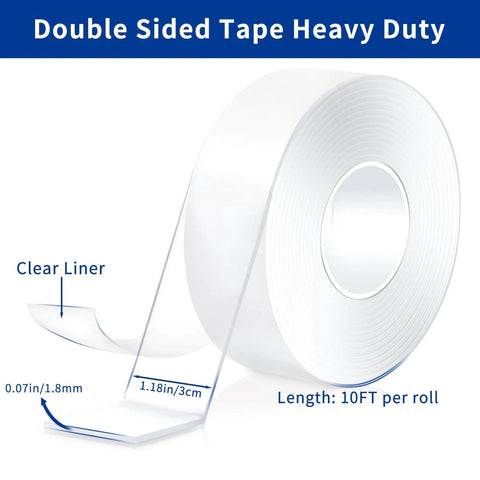 Heavy Duty Double Sided Tape Nano Adhesive, 2 Rolls Total 20 Feet, Clear Mounting Tape For Posters, Pictures, Rugs And Carpets