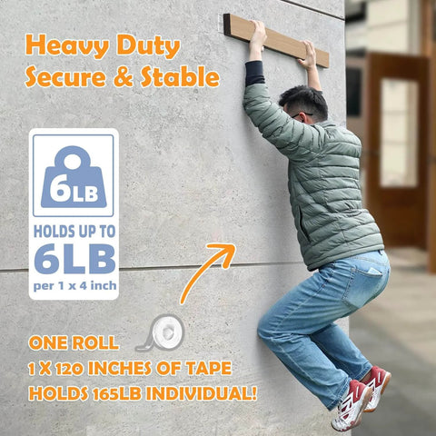 Man climbing wall using Heavy Duty Double Sided Nano Tape Removable Mounting Tape 1 Inch Wide Clear Adhesive Strips for outdoor use