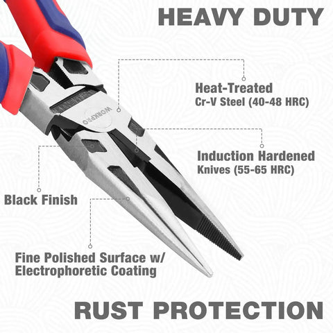 Premium 8 Inch Needle Nose Pliers With Wire Cutter, Long Nose Cutting Pliers For Tight Spaces, Heavy Duty CRV Steel Construction
