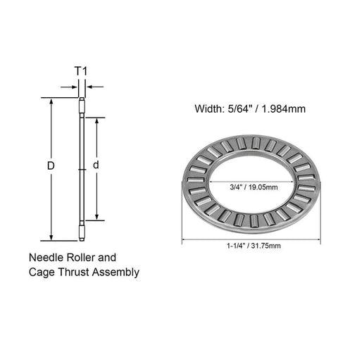 Heavy Duty Thrust Needle Roller Bearing Set NTA1220 2TRA with two washers, showing dimensions, 19.05mm bore, 31.75mm OD