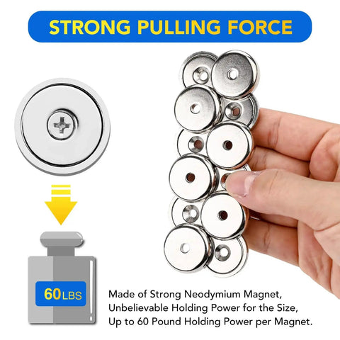 Hand holding heavy duty neodymium cup magnets with 60 lbs holding power, countersunk holes, and stainless screws, pack of 12.
