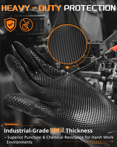 Heavy Duty Nitrile Gloves 9 Mil Diamond Texture Black Large Pack 800 Pcs with industrial-grade grip and puncture resistance