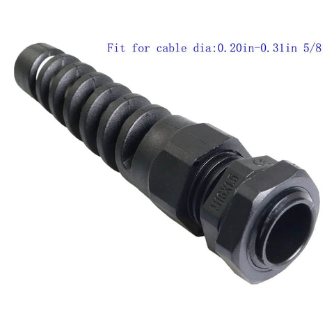 Heavy Duty Waterproof Nylon Cable Gland 16mm Thread Five Eighth Inch IP68 Connector With Strain Relief And Adjustable Locknut For Five To Eight Millimeter Wire Diameter 2 Pack shown in side view