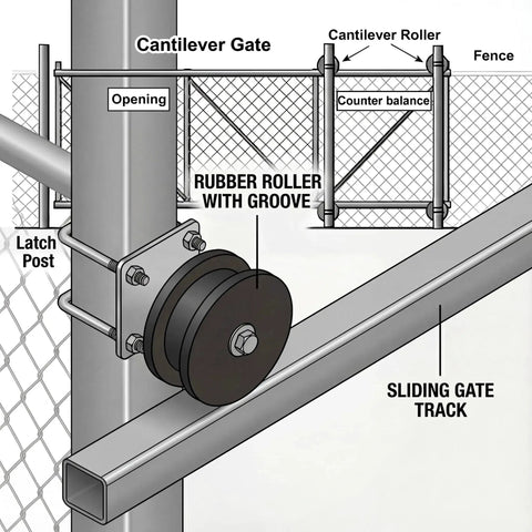 Heavy Duty Nylon Cantilever Gate Rollers Kit for 4 Inch Square Posts and 2 Inch Chain Link Fence Gate Frames, Easy Sliding Roller Assembly illustration