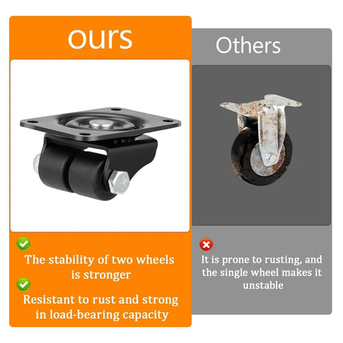Comparison of Heavy Duty Plate Caster Set 1 Inch Four Low Profile Nylon Double Wheel Casters With 1100 Lb Total Capacity and a rusted single wheel caster.