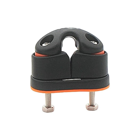 Front view of WEISUYUUS nylon rope clamp cleat for marine use; black body with orange gasket, two mounting bolts.
