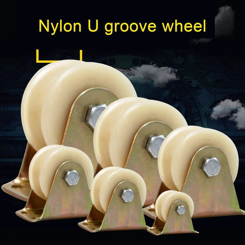 Set of nylon U-groove pulley wheels with steel brackets in various sizes for sliding door pulley and industrial machines carts.