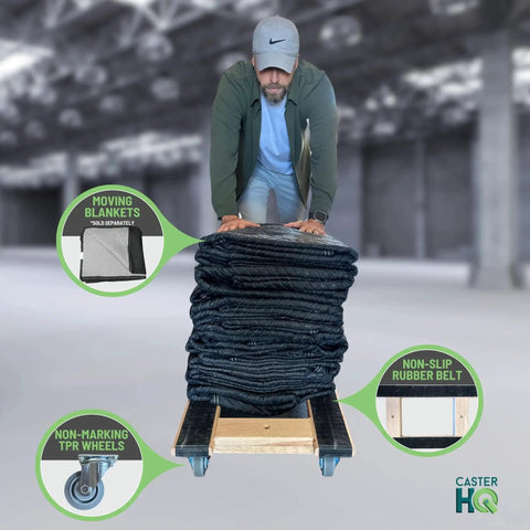 Man pushing American Made Solid Oak H Frame Furniture Dolly For Moving Heavy Loads 18 By 30 Inches With Non Slip Grip And 3.5 Inch Thermo Rubber Wheels 900 Lb Capacity Kiln Dried Red Oak Construction Movers Grade By CasterHQ with blankets.