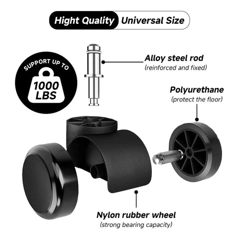 Exploded view of 5 Pack 2 Inch Office Chair Caster Wheels With Quiet Rubber Rolling Casters, showing alloy steel rod and nylon wheel.