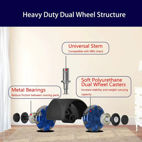Heavy Duty 2 Inch Office Chair Casters Set Of Five For All Floors With Seven Sixteenth Inch Stem Universal 11x22mm Dual Rubber Wheels