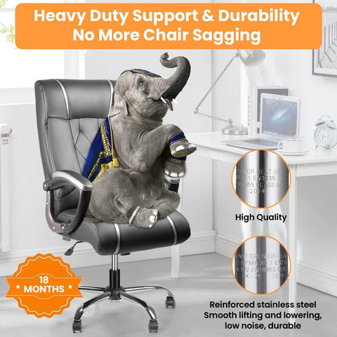 An elephant sitting on a heavy-duty office chair showcasing reinforced support and durability in an office setting.