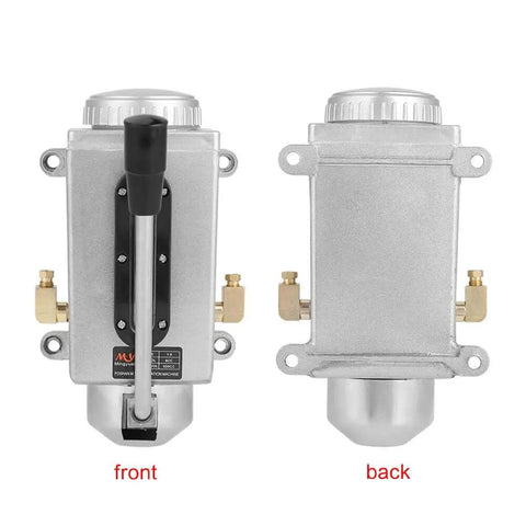 Front and back view of Heavy Duty Lubricating Oil Pump For Lathe And Milling Machines Double Port Manual Oil Oiler With Metal Body