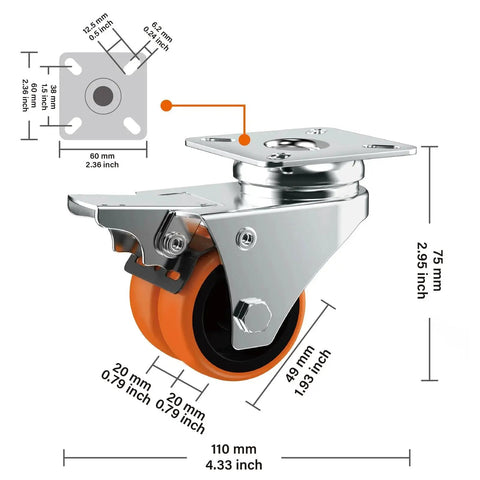Two Wheel Casters Set Of Four Heavy Duty 2 Inch Orange TPE With Brake Double Wheel Swivel Plate Locking Castor Wheels side view