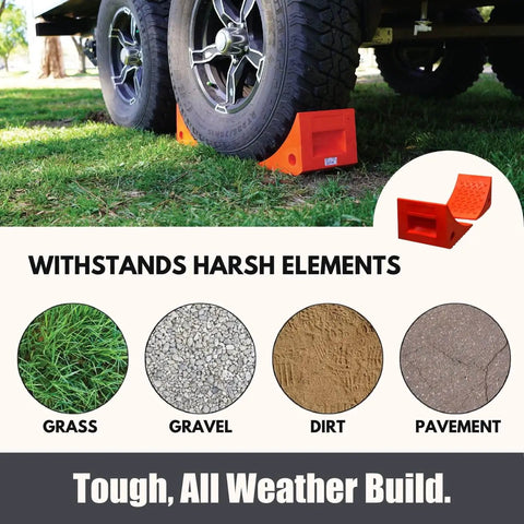 Heavy Duty Wheel Chocks Two Pack That Prevents Movement On Slopes For Boat Trailers RVs Trucks And Campers All Weather Non Slip Solid Rubber With Orange Color By SecurityMan installed on truck tires.