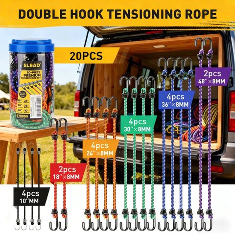 Heavy Duty Outdoor Bungee Cord Set 20 Piece With Premium Rubber Cords And Hooks In A Storage Jar displayed outdoors with van