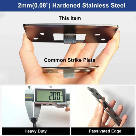 Heavy duty oversized door strike plate with 2mm hardened steel and an enlarged strike hole shown held in hand